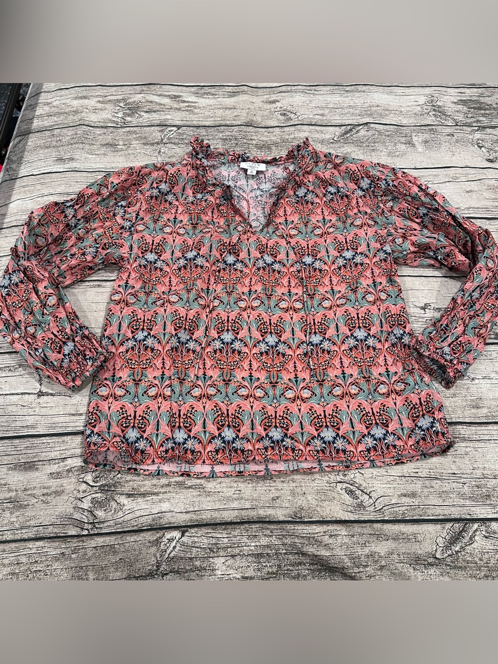 J Crew x Liberty Fabrics Coral Patterned V-Neck Women’s Popover Blouse size Med